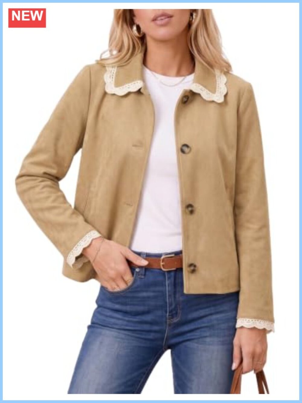 Faux Suede Cropped Jacket Lace Trim Button Down Casual Coat